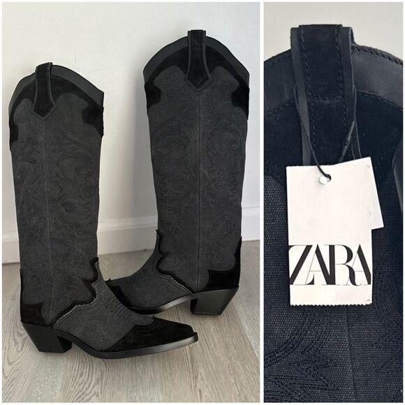 Zara Shoes - ZARA EMBROIDERED HEELED COWBOY BOOTS
BLACK